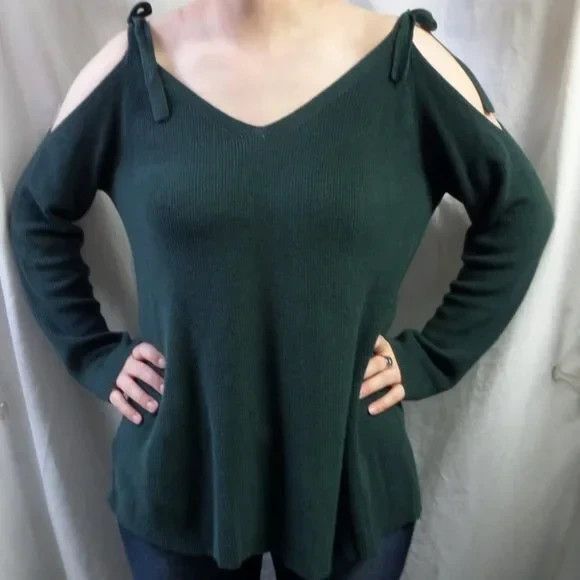 LOFT GREEN COLD SHOULDER CASUAL CAREER FEMININE OVERSIZED SWEATER SIZE: XL NEW - Picture 2 of 4